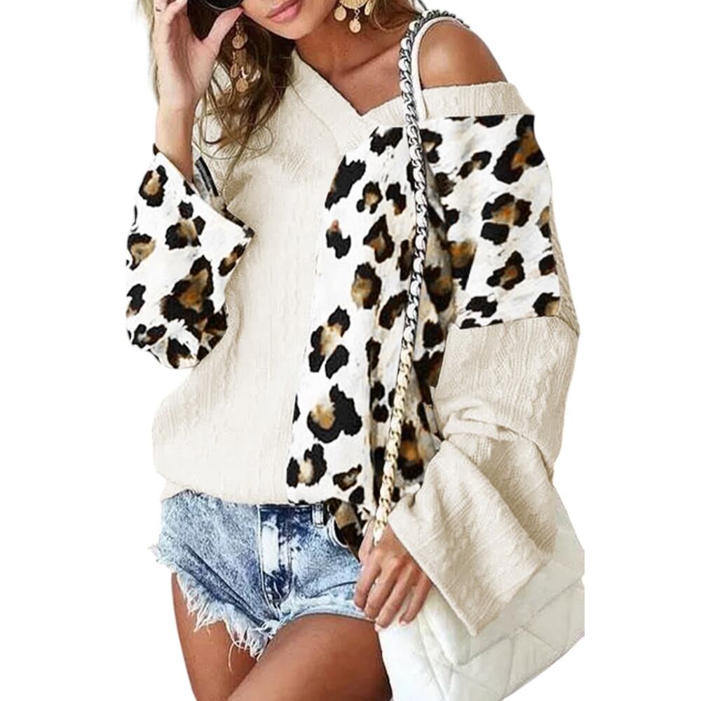 Beige Asymmetric Leopard Patchwork Wide Sleeve V Neck Sweater New